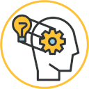 Icono de cabeza con engranaje ligado a una idea