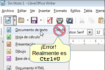 Error en indicación del atajo de teclado para nuevo documento de texto