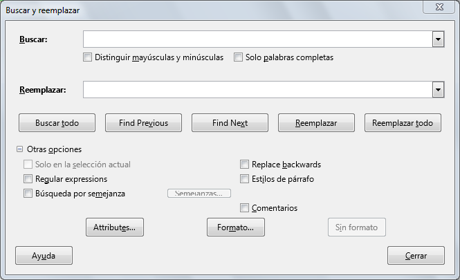 El diálogo Buscar y reemplazar con las opciones desplegadas