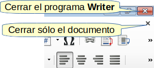 Botones para cerrar Writer o para cerrar el documento