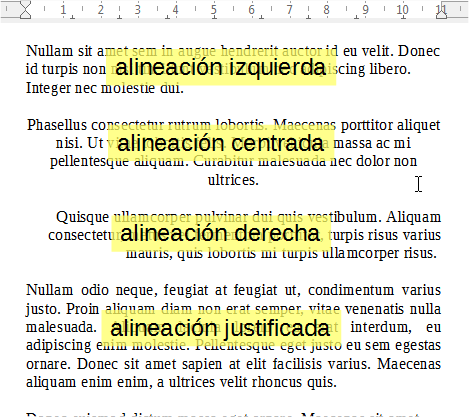Ejemplo de diferentes alineaciones de párrafo