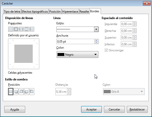 Pestaña Bordes del diálogo Carácter