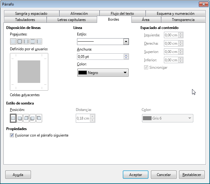 Pestaña Bordes del diálogo Párrafo