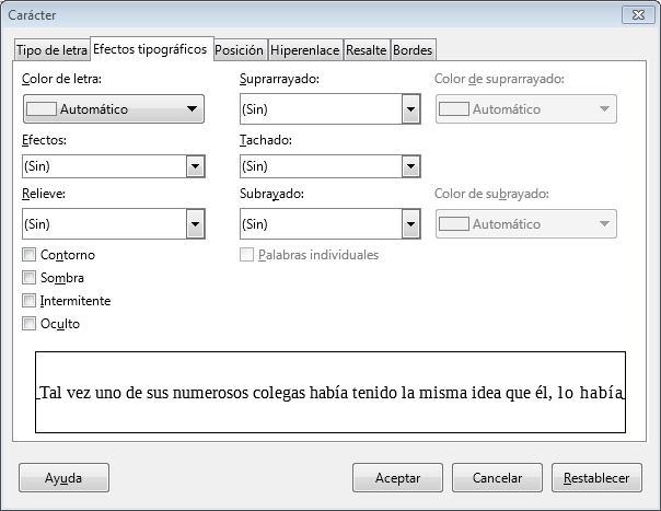 Pestaña Efectos tipográficos del diálogo Carácter