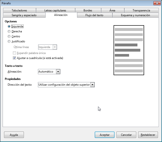 Pestaña Alineación del diálogo Párrafo