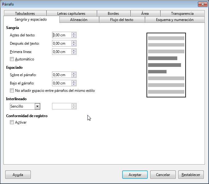 Pestaña Sangría y espaciado del diálogo Formato