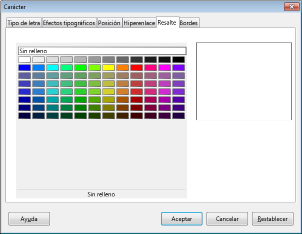 Pestaña Resalte del diálogo Carácter