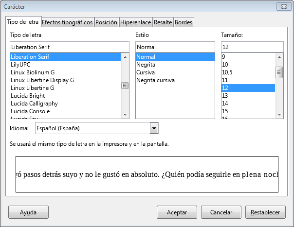 Pestaña Tipo de letra del diálogo Carácter