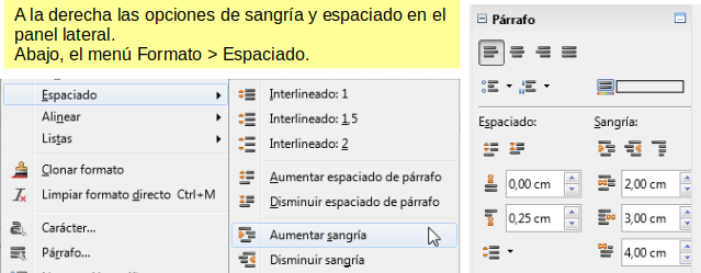 Imágenes de Formato > Espaciado y el Panel lateral