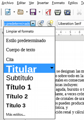 Desplegable Establecer estilo del párrafo en la barra de herramientas de Formato