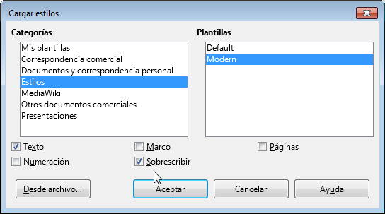 El cuadro de diálogo Cargar estilos