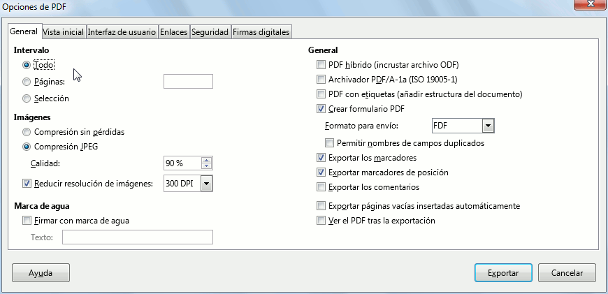 Imagen animada mostrando las diferentes pestañas del diálogo Opciones de PDF
