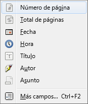 Los campos disponibles desde el menú Insertar Los campos disponibles desde el menú Insertar