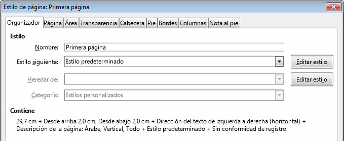 Detalle de la pestaña Organizador el estilo de Primera página Detalle de la pestaña Organizador el estilo de Primera página