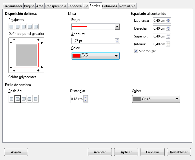 Pestaña Bordes del diálogo Formato de página Pestaña Bordes del diálogo Formato de página