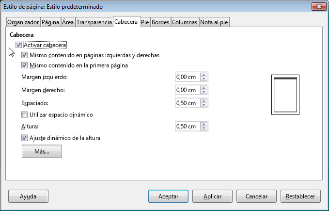 Pestaña Cabecera en el diálogo Estilo de página Pestaña Cabecera en el diálogo Estilo de página