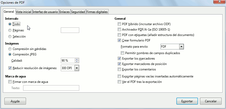 Imagen animada mostrando las diferentes pestañas del diálogo Opciones de PDF Imagen animada mostrando las diferentes pestañas del diálogo Opciones de PDF