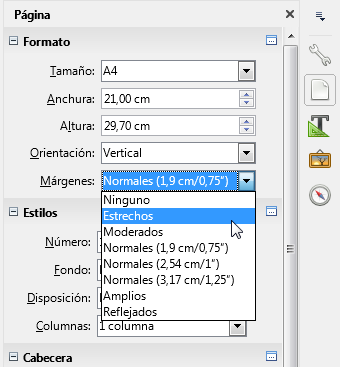 Los márgenes predefinidos en el panel lateral de Página Los márgenes predefinidos en el panel lateral de Página