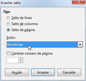 Cuadro de diálogo Insertar salto Cuadro de diálogo Insertar salto