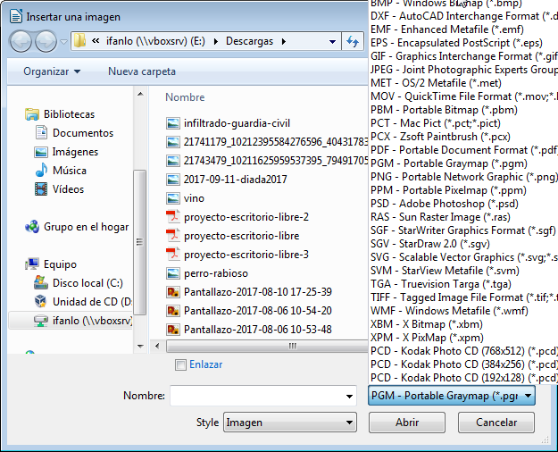 Cuadro de diálogo Insertar una imagen mostrando los diferentes formatos gráficos admitidos