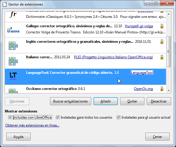 Gestor de extensiones con LanguageTool instalado