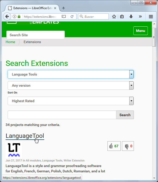 La web de Extensiones y plantillas con la categoría Language Tools seleccionada