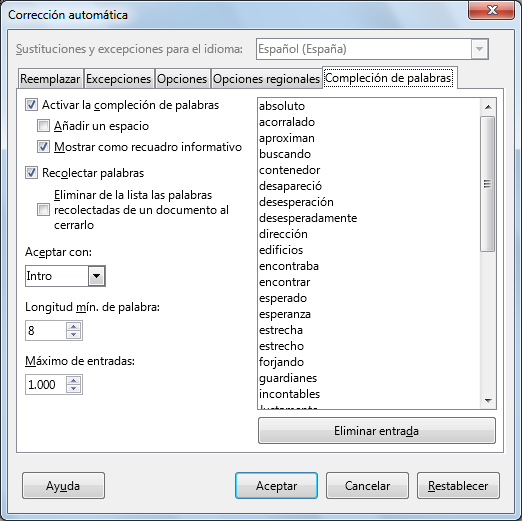 Pestaña Compleción de palabras del diálogo Corrección automática