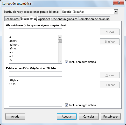 Pestaña Excepciones del diálogo Corrección automática