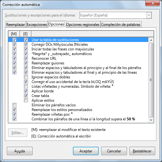 Pestaña Opciones del diálogo Corrección automática