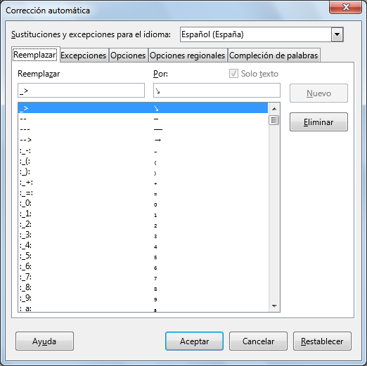 Pestaña Reemplazar del diálogo Corrección automática
