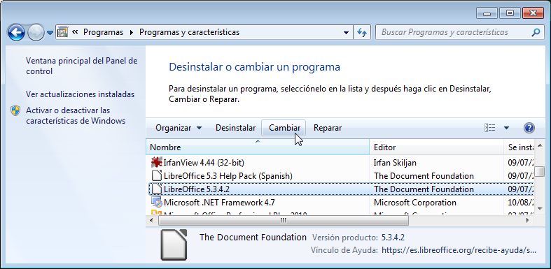 Cambiar la instalación de LibreOffice desde el Panel de control de Windows 7
