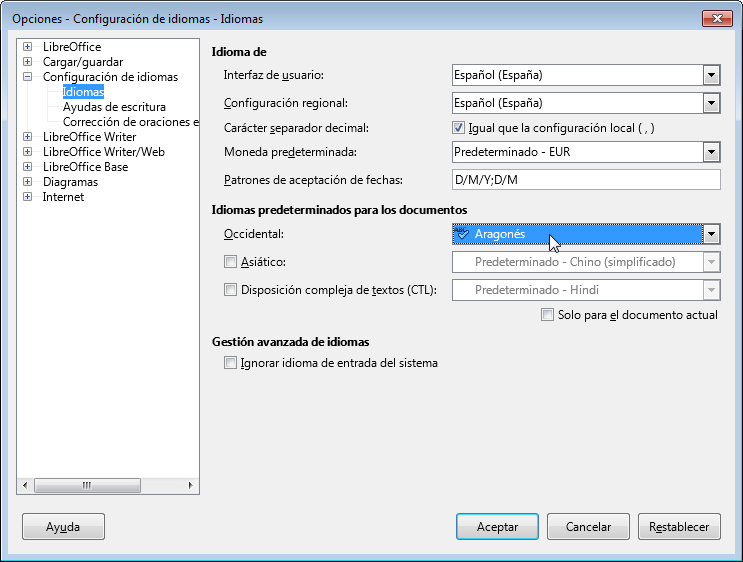 El diálogo de Opciones - Configuración de idiomas