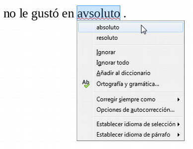 Menú contextual de corrección automática