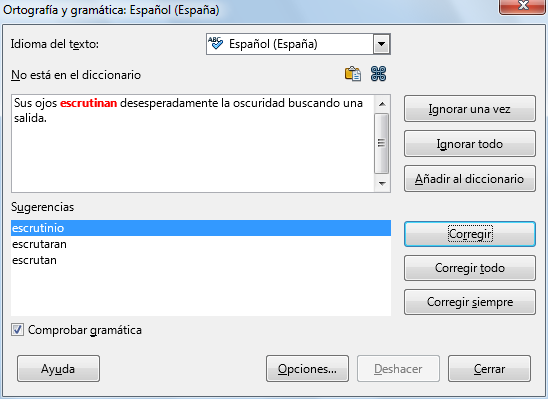 Cuadro de diálogo ortografía y gramática