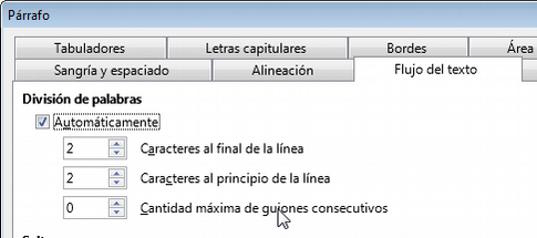 Configurando la división de palabras desde el diálogo de formato de Párrafo