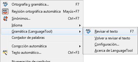 Nueva entrada para Gramática en el menú Herramientas