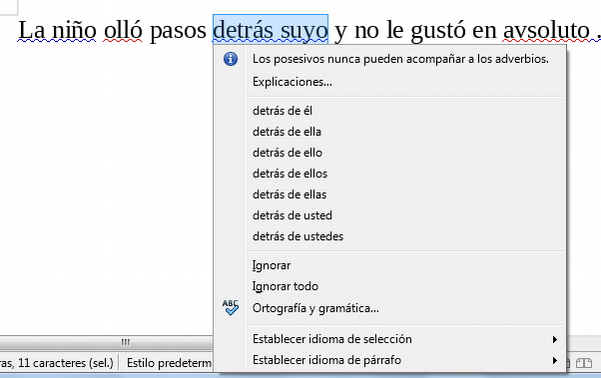 El menú contextual de la revisión gramatical