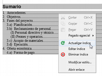 Actualizar, editar o eliminar índices desde el menú contextual