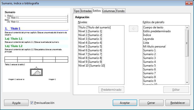 Asignación de estilos a los niveles del índice