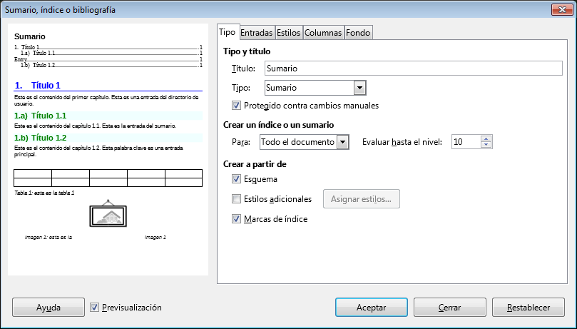 Cuadro de diálogo Sumario, índice o bibliografía
