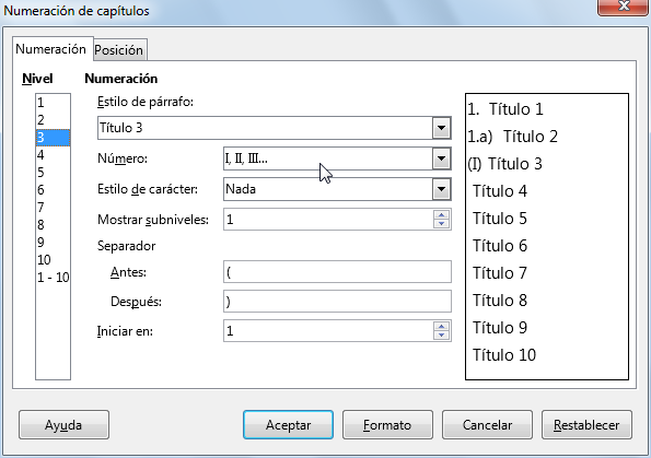 Cuadro de diálogo Numeración de capítulos