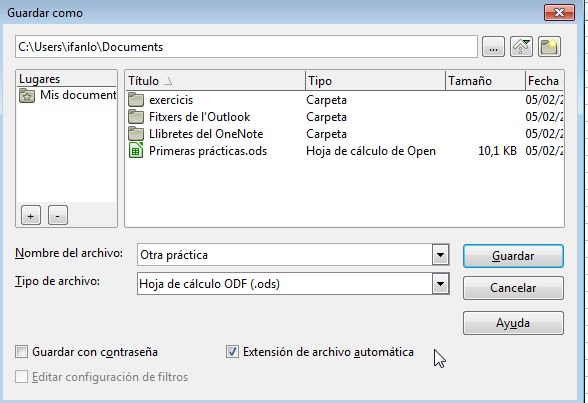 Diálogo Guardar como personalizado de LibreOffice