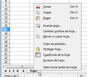 Menú contextual de hojas