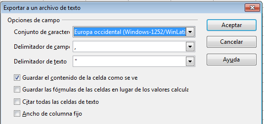 Opciones de guardado texto CSV