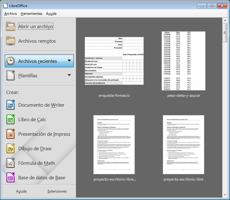 Pantalla de inicio de LibreOffice