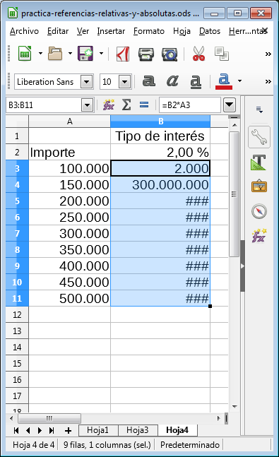 Resultados de copiar la fórmula con referencias relativas