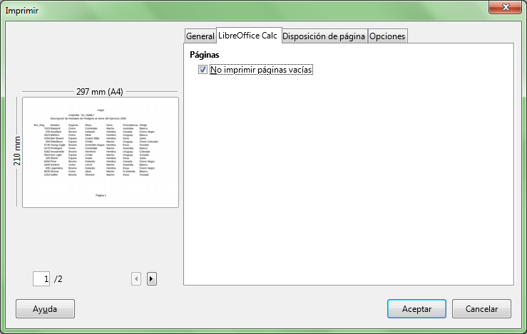 Pestaña LibreOffice Calc del cuadro de diálogo Imprimir