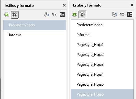 Los estilos de página antes y después de convertir a Excel