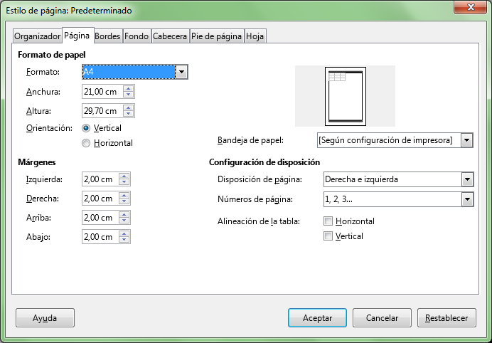 Diálogo Estilo de página, ficha Página