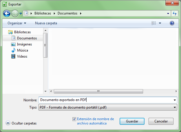 Diálogo Exportar, nos permite guardar el documento en formato PDF